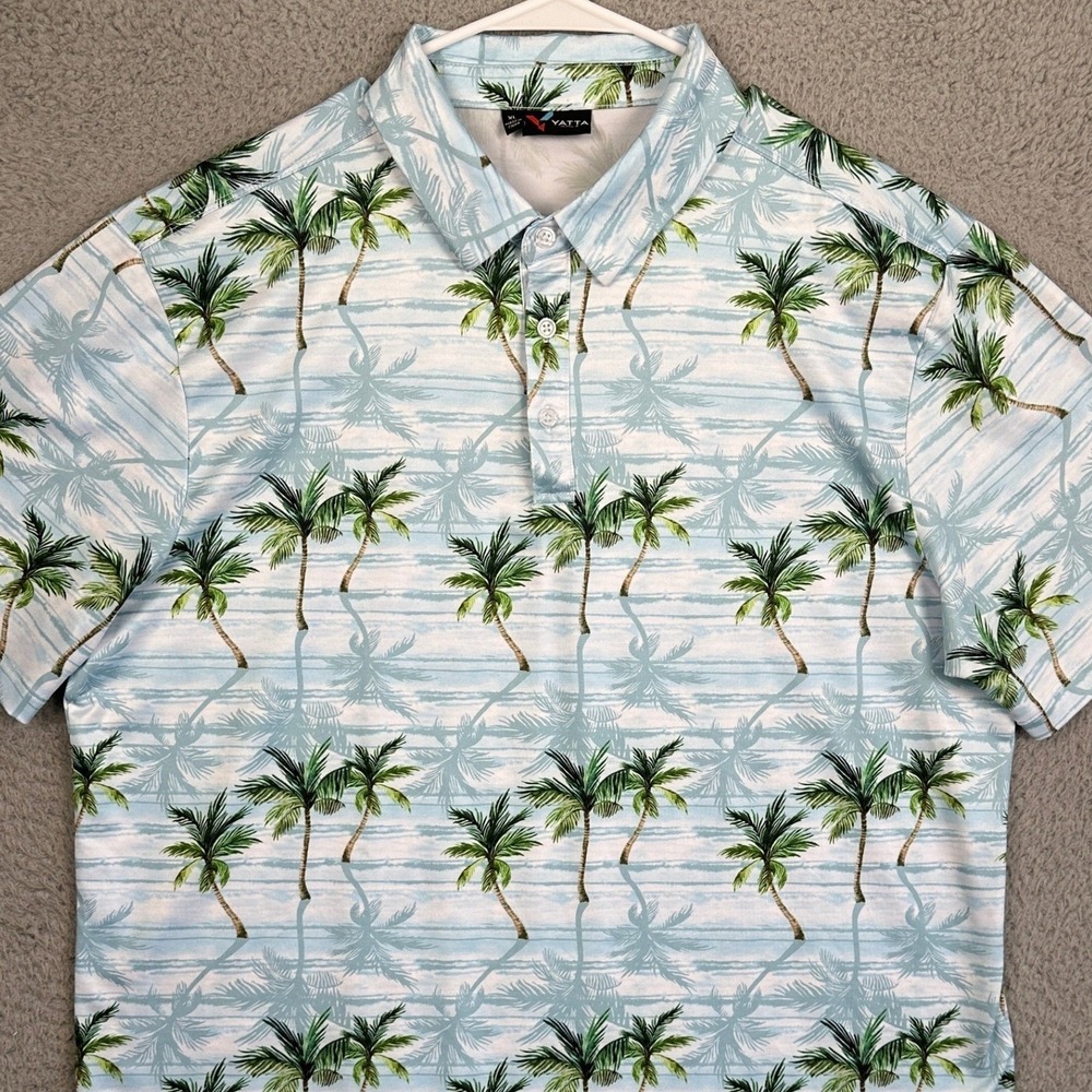 Yatta Polo Shirt Men XL Blue White Golf Rugby Palm Tree Short Sleeve Stretch EUC